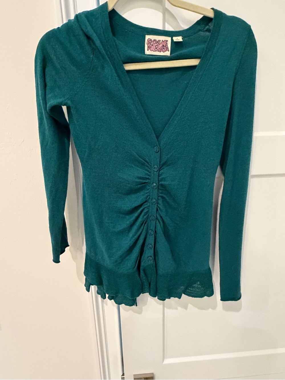 Rosie Neira Anthropologie Teal Long-Sleeve Ruched Button Front Sweater